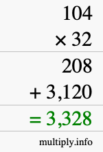 How to calculate 104 times 32 using long multiplication