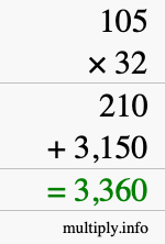 How to calculate 105 times 32 using long multiplication