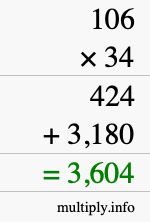 How to calculate 106 times 34 using long multiplication