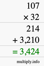 How to calculate 107 times 32 using long multiplication