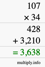 How to calculate 107 times 34 using long multiplication