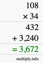 How to calculate 108 times 34 using long multiplication