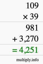How to calculate 109 times 39 using long multiplication