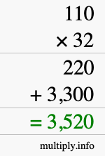 How to calculate 110 times 32 using long multiplication