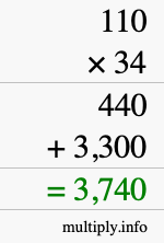 How to calculate 110 times 34 using long multiplication