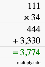How to calculate 111 times 34 using long multiplication