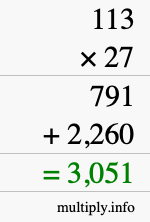 How to calculate 113 times 27 using long multiplication
