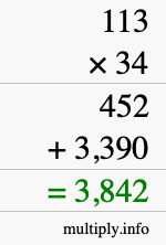 How to calculate 113 times 34 using long multiplication