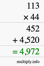 How to calculate 113 times 44 using long multiplication