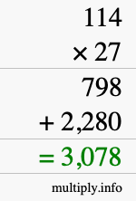 How to calculate 114 times 27 using long multiplication
