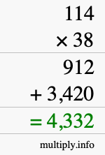 How to calculate 114 times 38 using long multiplication