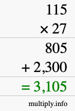 How to calculate 115 times 27 using long multiplication How to calculate 115 times 27 using long multiplication