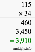 How to calculate 115 times 34 using long multiplication