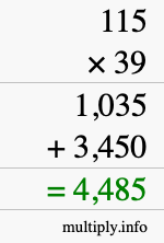 How to calculate 115 times 39 using long multiplication