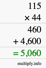 How to calculate 115 times 44 using long multiplication
