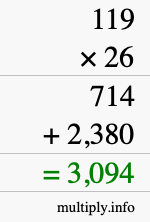 How to calculate 119 times 26 using long multiplication How to calculate 119 times 26 using long multiplication