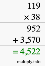 How to calculate 119 times 38 using long multiplication