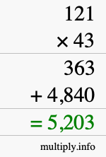 How to calculate 121 times 43 using long multiplication