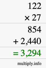 How to calculate 122 times 27 using long multiplication