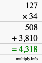 How to calculate 127 times 34 using long multiplication
