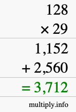 How to calculate 128 times 29 using long multiplication How to calculate 128 times 29 using long multiplication