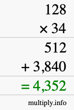 How to calculate 128 times 34 using long multiplication