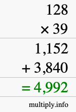How to calculate 128 times 39 using long multiplication