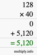 How to calculate 128 times 40 using long multiplication How to calculate 128 times 40 using long multiplication