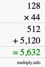 How to calculate 128 times 44 using long multiplication