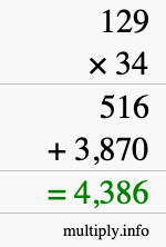 How to calculate 129 times 34 using long multiplication