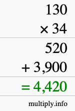 How to calculate 130 times 34 using long multiplication