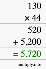 How to calculate 130 times 44 using long multiplication