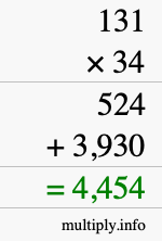 How to calculate 131 times 34 using long multiplication