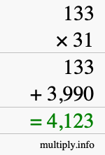 How to calculate 133 times 31 using long multiplication