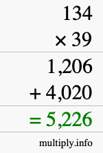 How to calculate 134 times 39 using long multiplication