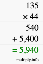 How to calculate 135 times 44 using long multiplication