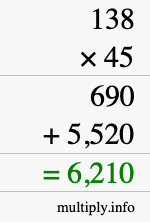 How to calculate 138 times 45 using long multiplication