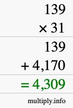 How to calculate 139 times 31 using long multiplication