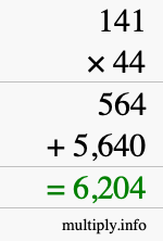 How to calculate 141 times 44 using long multiplication