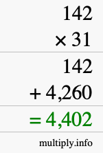 How to calculate 142 times 31 using long multiplication