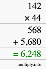 How to calculate 142 times 44 using long multiplication