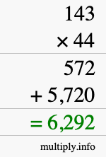 How to calculate 143 times 44 using long multiplication