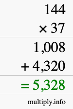 How to calculate 144 times 37 using long multiplication