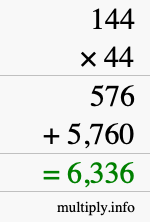 How to calculate 144 times 44 using long multiplication