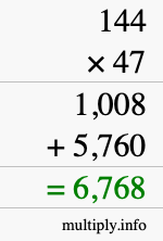 How to calculate 144 times 47 using long multiplication