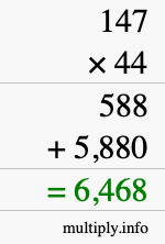 How to calculate 147 times 44 using long multiplication