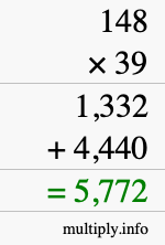 How to calculate 148 times 39 using long multiplication