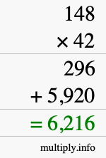 How to calculate 148 times 42 using long multiplication