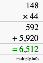 How to calculate 148 times 44 using long multiplication