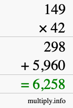 How to calculate 149 times 42 using long multiplication
